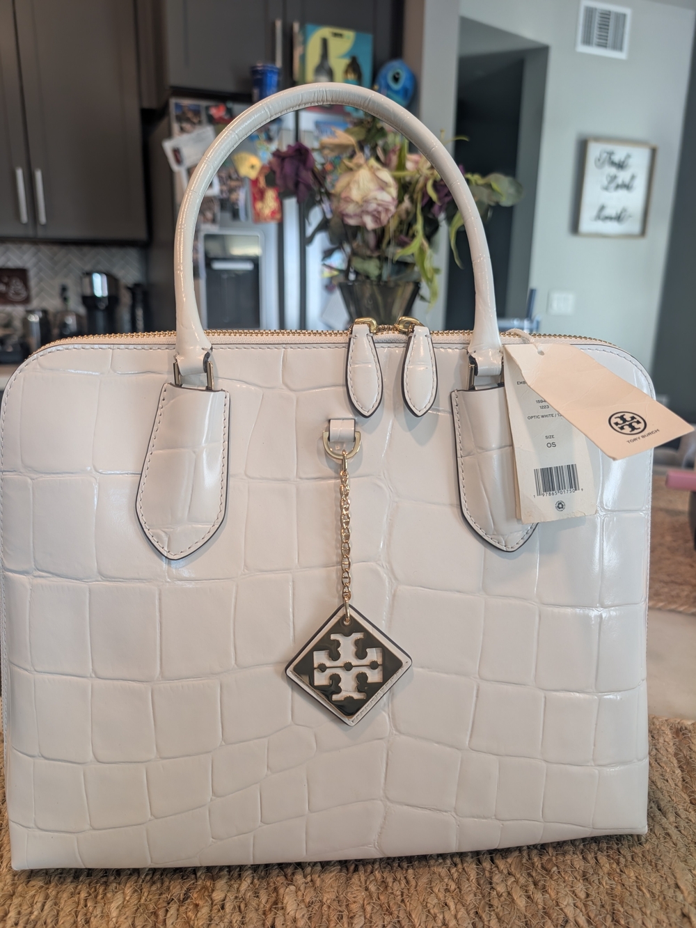 Tory Burch Optic White Croc-Embossed Leather Satchel with Logo Charm Authe Tic